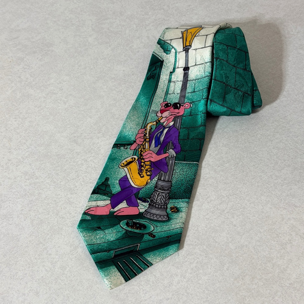 Vintage Pink Panther Saxophone Silk Tie 1993 Tie Rack Green Jazz Made in Italy